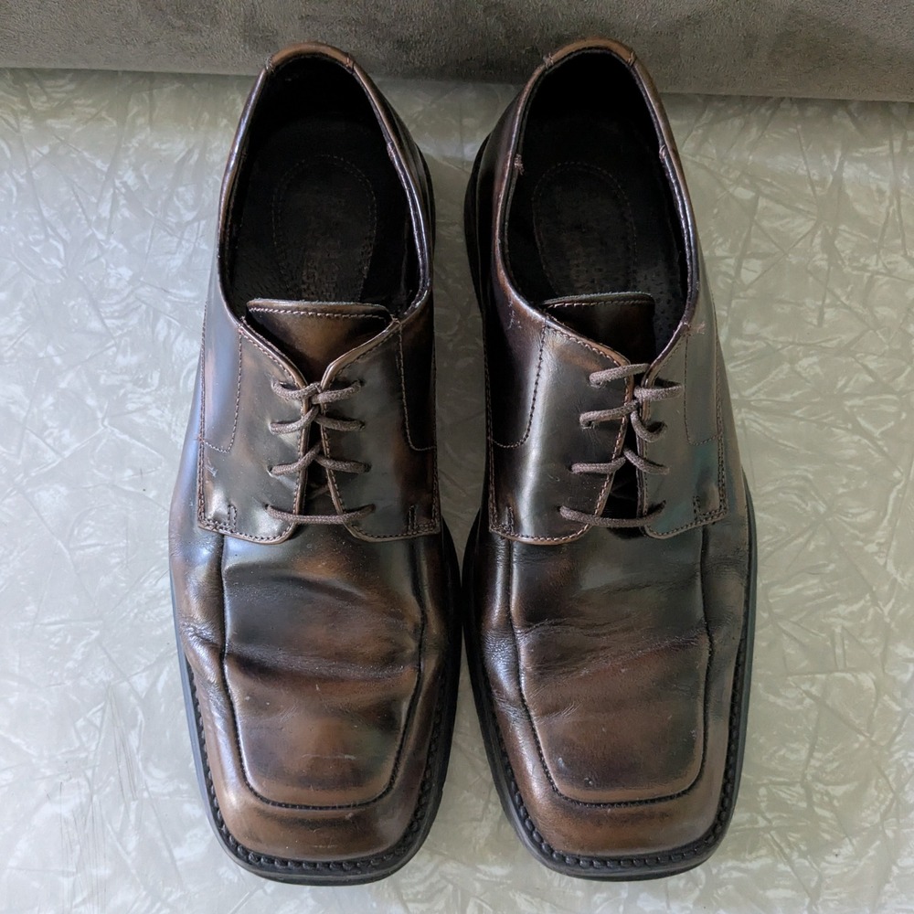 Kenneth Cole Reaction Sim-plicity Brown Leather Square Toe Oxfords Size 10